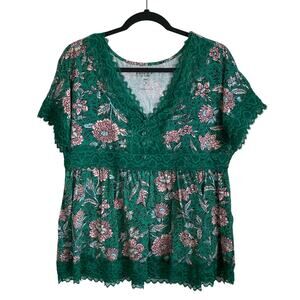 Torrid Super Soft Knit Babydoll Top Sz 12 Green Lace Floral V-Neck Fairycore